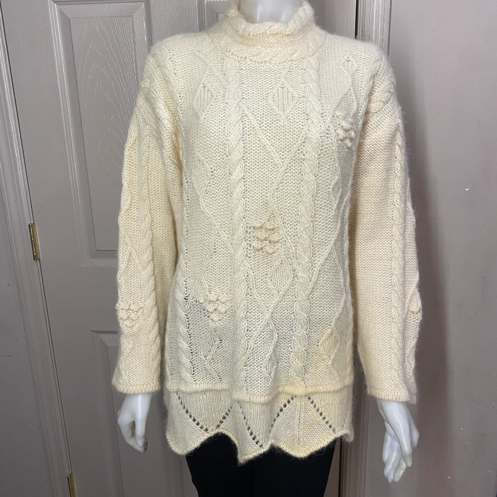 Alafoss Iceland 100% Wool Ivory Mock Turtleneck Oversized Sweater Small S
